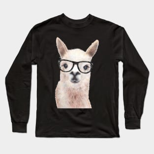 Hipster Llama Wearing Glasses Funny Drawing Long Sleeve T-Shirt